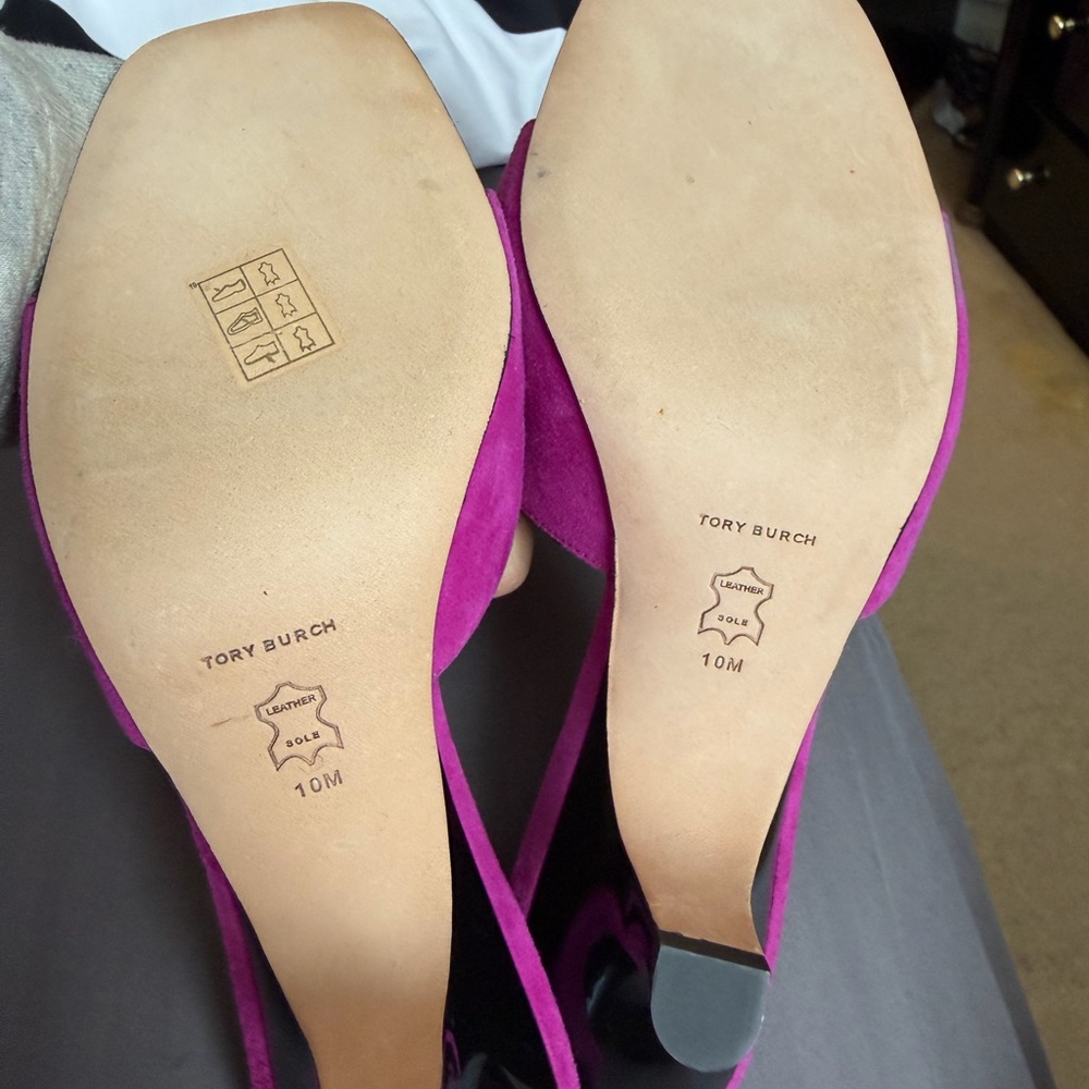 Tory Burch Fuchsia Suede Crystal-Embellished Slide Mules - Picture 6 of 8